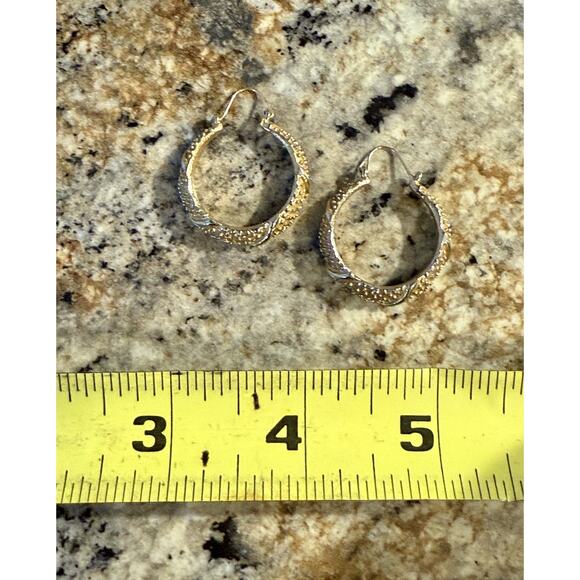 Vintage Yellow Gold Tone Heavy Hoop Earrings Textured Pattern,90s EUC - Picture 2 of 6